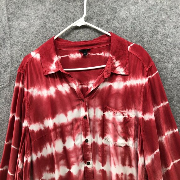 Torrid Twill Button Up Shirt Womens 2X Red White Tie Dye Long Sleeve Rayon - Picture 3 of 9